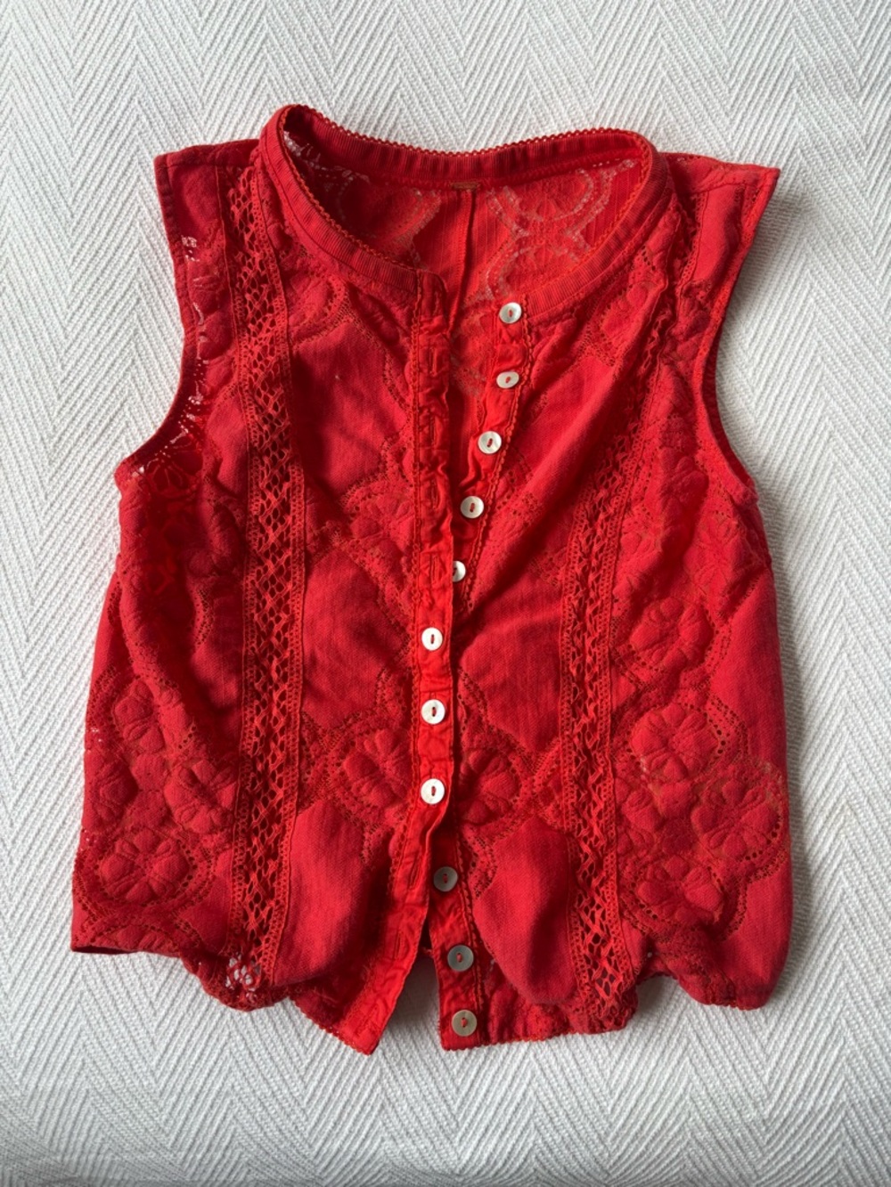 Free People Red Lace Button-Front Tank Top